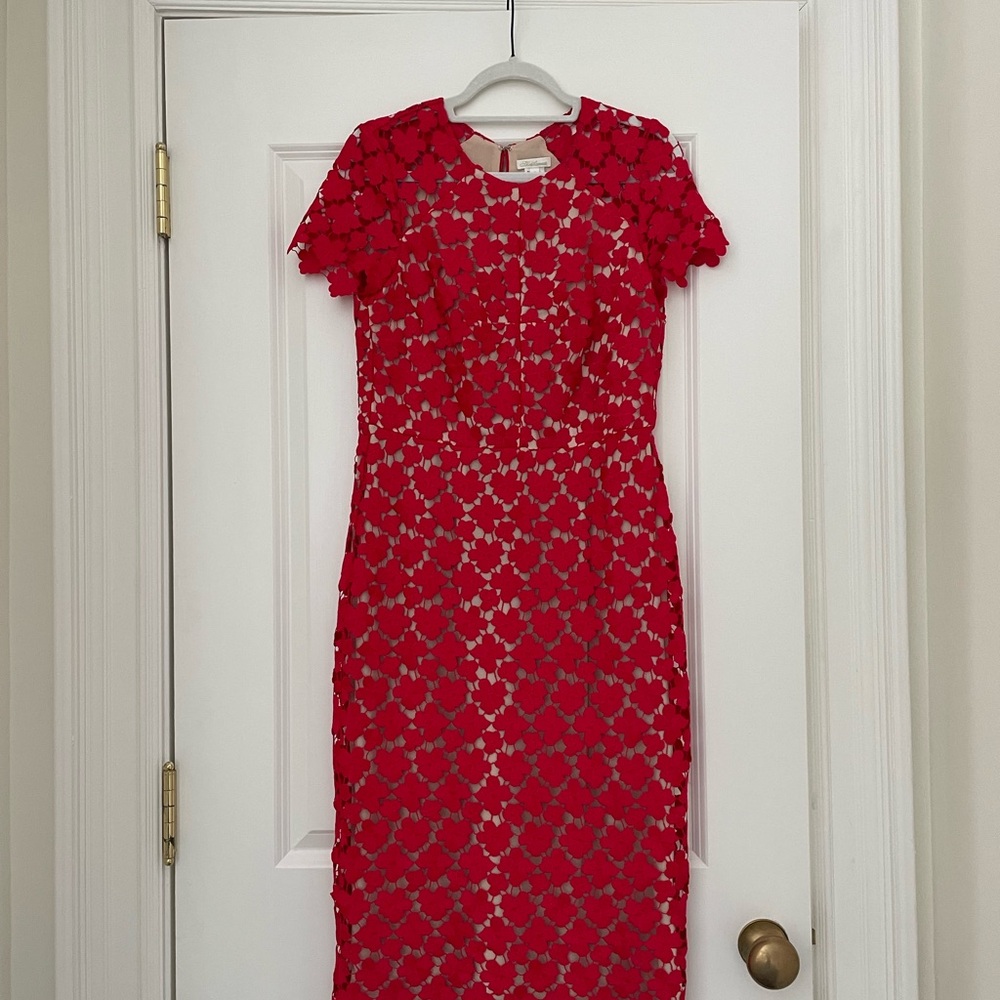 Shoshanna Red Floral Lace Midi Dress